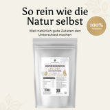 Produktverpackung von Golden Elements Ashwagandha Pulver mit Slogan „So rein wie die Natur selbst