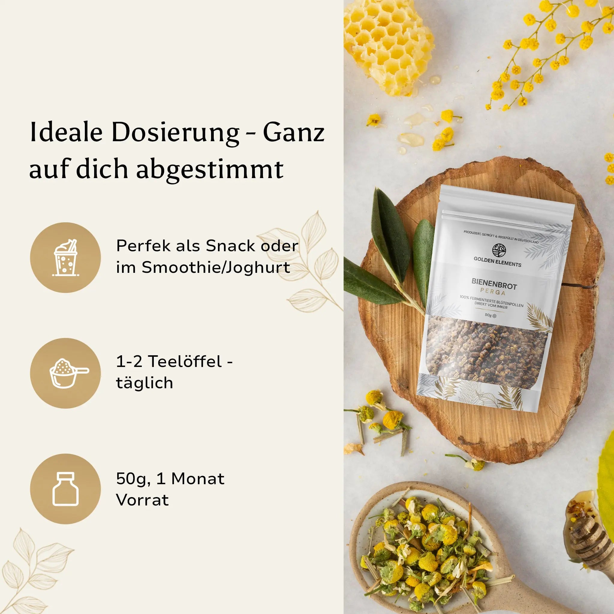 Eine Hand hält die Verpackung des Golden Elements Bienenbrots vor einem grünen Naturhintergrund. Dosierungstipps: 1–2 TL täglich, ideal als Snack oder für Smoothies.