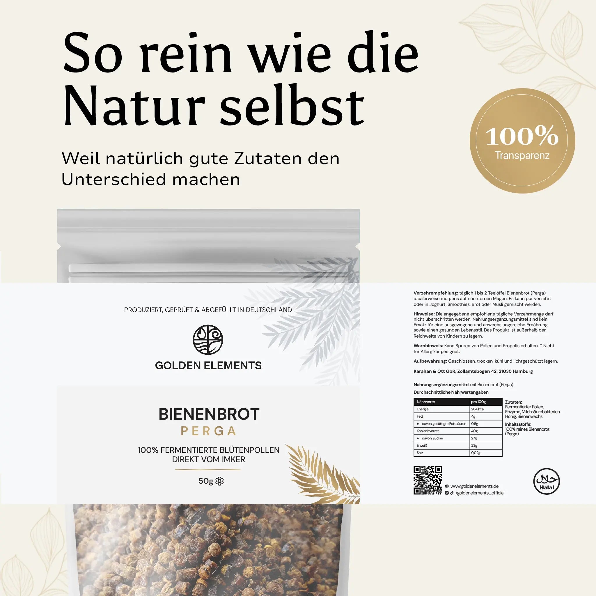 Verpackung von Golden Elements Bienenbrot (Perga) mit detaillierten Informationen zur Herkunft, Nährwerttabelle und Verzehrempfehlung. Enthält fermentierte Blütenpollen direkt vom Imker, 100% natürlich und geprüft in Deutschland.