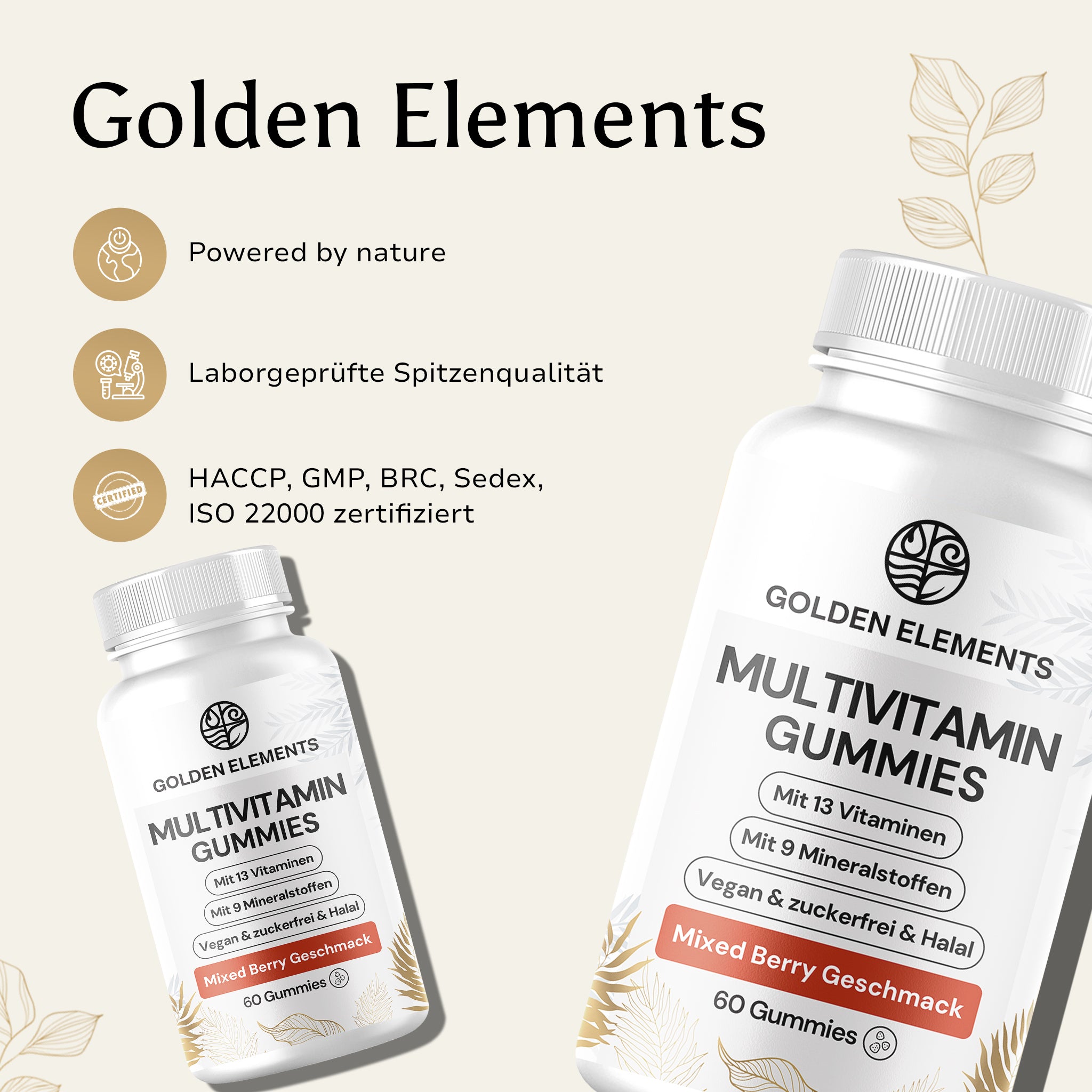 Multivitamin Gummies von Golden Elements mit Mixed-Berry-Geschmack – powered by nature, laborgeprüft, HACCP/GMP zertifiziert