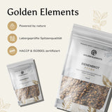 Präsentation des Golden Elements Bienenbrots mit Qualitätsmerkmalen: Powered by nature, Laborgeprüfte Spitzenqualität, HACCP & ISO9001 zertifiziert.