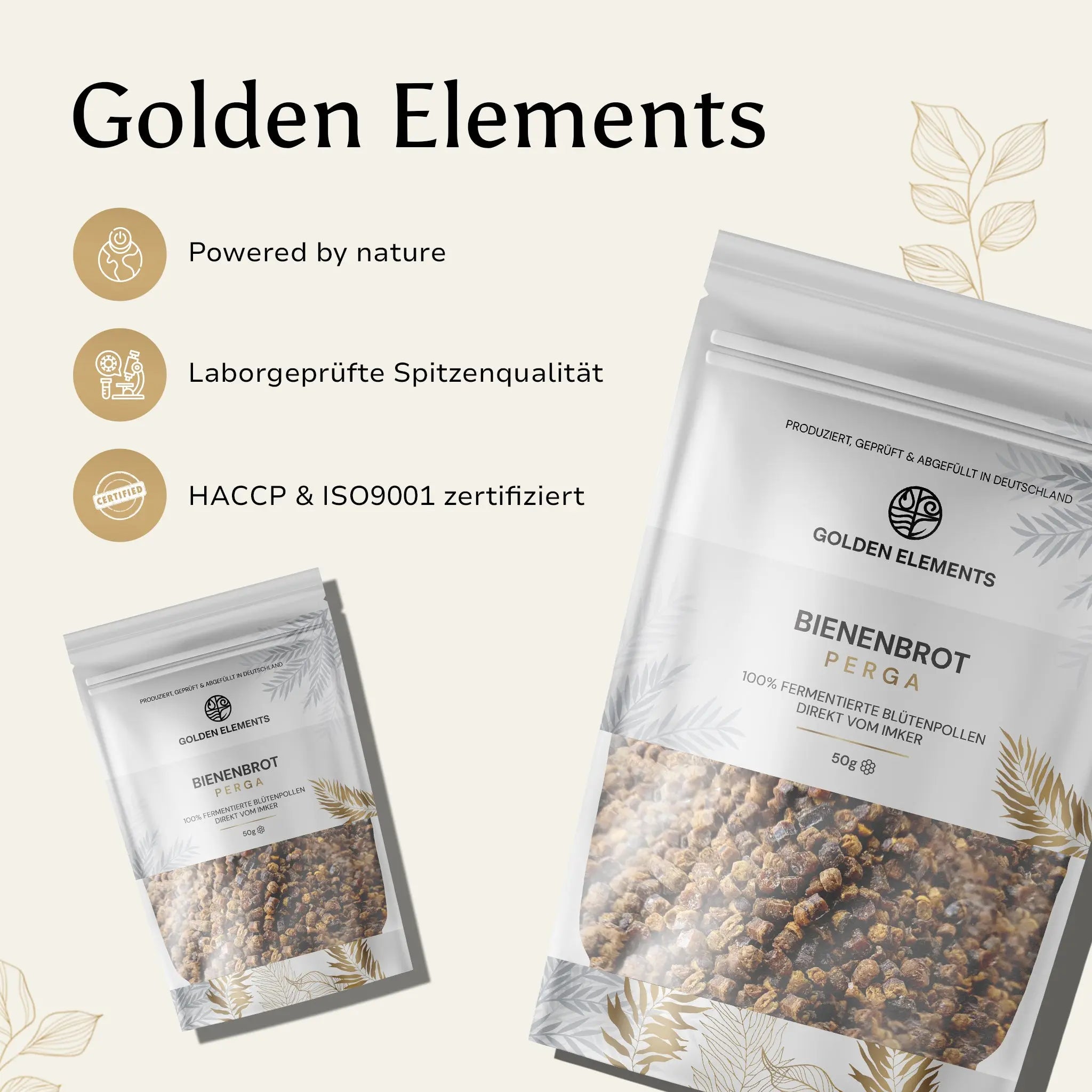 Präsentation des Golden Elements Bienenbrots mit Qualitätsmerkmalen: Powered by nature, Laborgeprüfte Spitzenqualität, HACCP & ISO9001 zertifiziert.